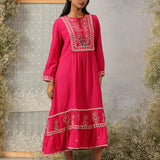 Nairang Fuchsia Embroidered Crinckled Viscose Dress for Women