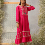 Nairang Fuchsia Embroidered Crinckled Viscose Dress for Women