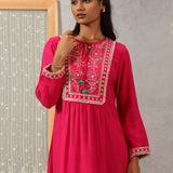 Nairang Fuchsia Embroidered Crinckled Viscose Dress for Women
