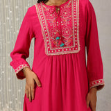 Nairang Fuchsia Embroidered Crinckled Viscose Dress for Women