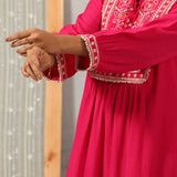 Nairang Fuchsia Embroidered Crinckled Viscose Dress for Women