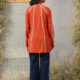 Surur Orange Embroidered Cotton Viscose Crinkled Top for Women