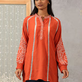 Surur Orange Embroidered Cotton Viscose Crinkled Top for Women