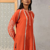 Surur Orange Embroidered Cotton Viscose Crinkled Top for Women