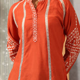Surur Orange Embroidered Cotton Viscose Crinkled Top for Women