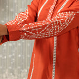 Surur Orange Embroidered Cotton Viscose Crinkled Top for Women