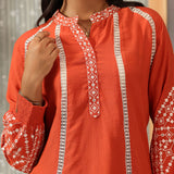 Surur Orange Embroidered Cotton Viscose Crinkled Top for Women