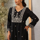Hiral Classic Black Embroidered Modal Chanderi Mid- Co-ord Set for Women