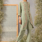 Rehanshi Seafoam Green Embroidered Rayon Slub Mid Co-ord set for Women
