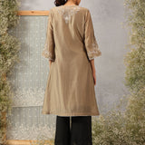 Aks Beige Embroidered Modal Chanderi Tunic for Women