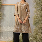 Aks Beige Embroidered Modal Chanderi Tunic for Women