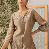 Aks Beige Embroidered Modal Chanderi Tunic for Women