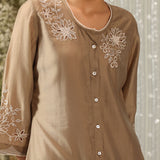 Aks Beige Embroidered Modal Chanderi Tunic for Women