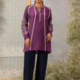 Surur Purple  Embroidered Cotton Viscose Crinkled Top for Women