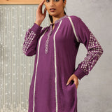 Surur Purple  Embroidered Cotton Viscose Crinkled Top for Women
