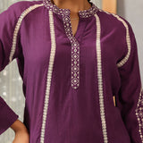 Surur Purple  Embroidered Cotton Viscose Crinkled Top for Women