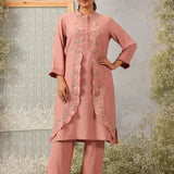 Rehanshi Light Pink Embroidered Rayon Slub Mid Co-ord set for Women