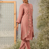 Rehanshi Light Pink Embroidered Rayon Slub Mid Co-ord set for Women