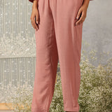 Rehanshi Light Pink Embroidered Rayon Slub Mid Co-ord set for Women