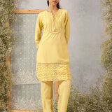 Solid Yellow Textured Kurta Set with Schiffli & Lace Work