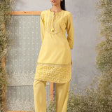 Solid Yellow Textured Kurta Set with Schiffli & Lace Work