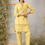 Solid Yellow Textured Kurta Set with Schiffli & Lace Work