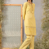 Solid Yellow Textured Kurta Set with Schiffli & Lace Work