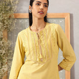 Solid Yellow Textured Kurta Set with Schiffli & Lace Work