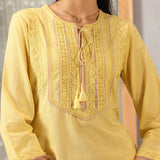 Solid Yellow Textured Kurta Set with Schiffli & Lace Work
