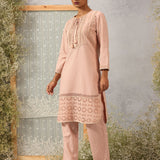 Solid Peach Textured Kurta Set with Schiffli & Lace Work