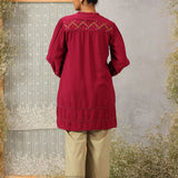 Fuchsia A line Rayon Tunic with Embroidery and Smocking effect Puffed Sleeve