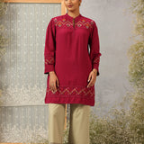 Fuchsia A line Rayon Tunic with Embroidery and Smocking effect Puffed Sleeve