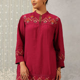 Fuchsia A line Rayon Tunic with Embroidery and Smocking effect Puffed Sleeve