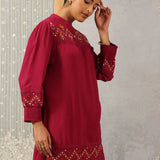 Fuchsia A line Rayon Tunic with Embroidery and Smocking effect Puffed Sleeve