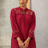 Fuchsia A line Rayon Tunic with Embroidery and Smocking effect Puffed Sleeve