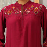 Fuchsia A line Rayon Tunic with Embroidery and Smocking effect Puffed Sleeve