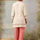 Ivory A line Rayon Tunic with Embroidery and Smocking effect Puffed Sleeve
