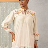 Ivory A line Rayon Tunic with Embroidery and Smocking effect Puffed Sleeve