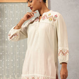 Ivory A line Rayon Tunic with Embroidery and Smocking effect Puffed Sleeve