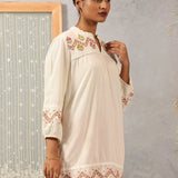 Ivory A line Rayon Tunic with Embroidery and Smocking effect Puffed Sleeve