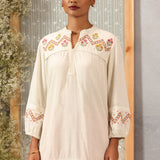 Ivory A line Rayon Tunic with Embroidery and Smocking effect Puffed Sleeve