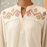 Ivory A line Rayon Tunic with Embroidery and Smocking effect Puffed Sleeve
