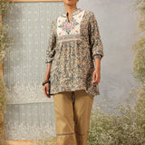 Grey Multi Color Printed Short Tunic with Yoke Embroidery