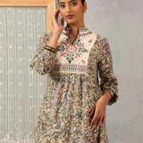 Grey Multi Color Printed Short Tunic with Yoke Embroidery