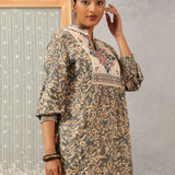 Grey Multi Color Printed Short Tunic with Yoke Embroidery