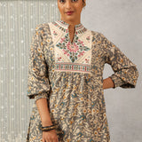 Grey Multi Color Printed Short Tunic with Yoke Embroidery