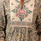 Grey Multi Color Printed Short Tunic with Yoke Embroidery
