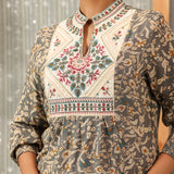 Grey Multi Color Printed Short Tunic with Yoke Embroidery