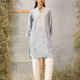 Spa Blue Mid-length Cotton Kurti for Women with Embroidery