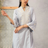 Spa Blue Mid-length Cotton Kurti for Women with Embroidery